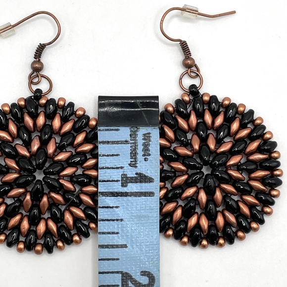 Czech Glass Hand Stitched Beaded Black & Copper Round Boho Pierced Earrings - Picture 9 of 9